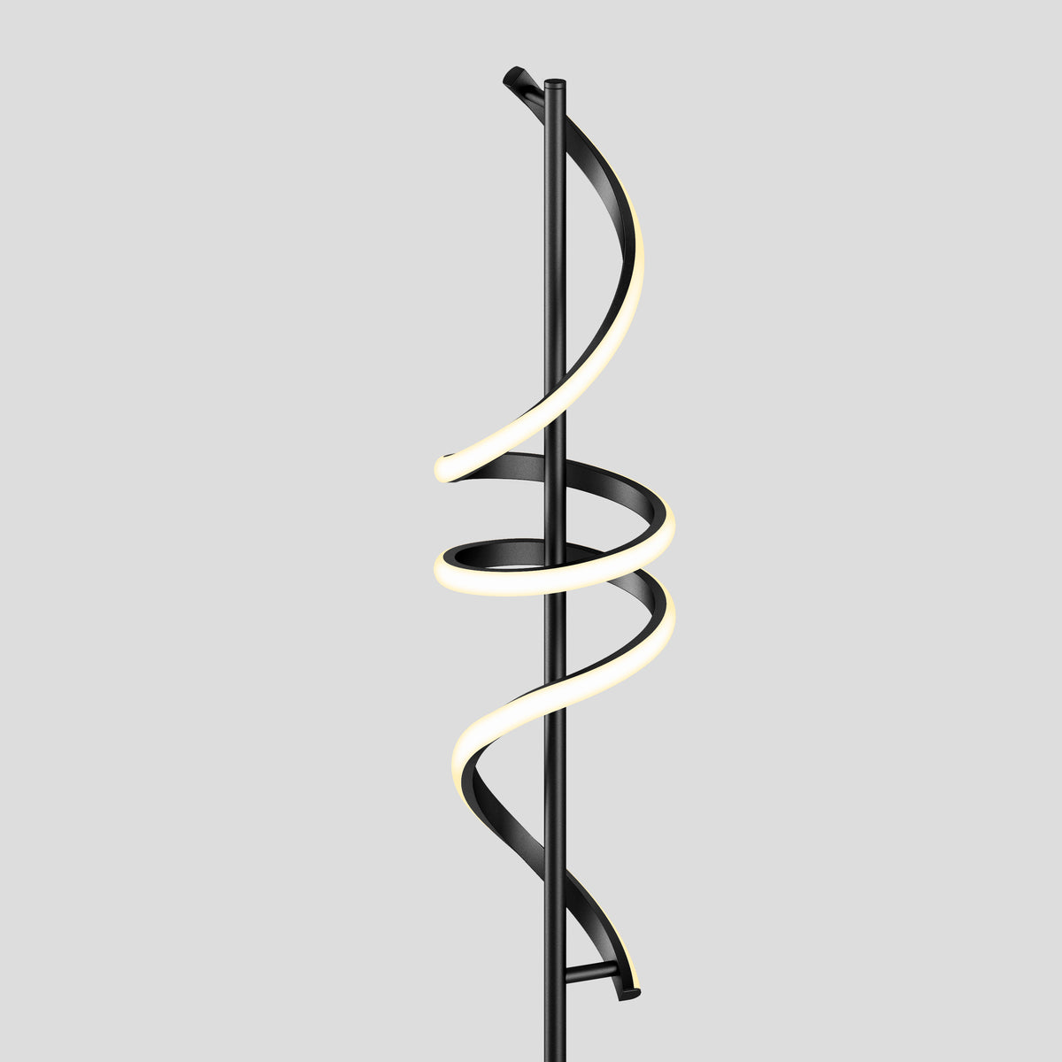 The Artika Coda modern LED floor lamp 5CCT features a sleek black vertical stand and spiral LED light strip, creating a striking look against a plain light gray background. This dimmable floor lamp blends style and function for any space.