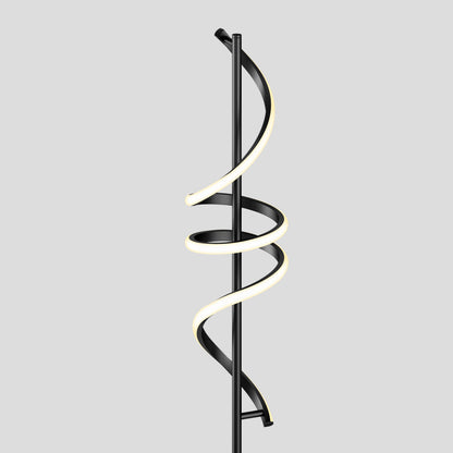 The Artika Coda modern LED floor lamp 5CCT features a sleek black vertical stand and spiral LED light strip, creating a striking look against a plain light gray background. This dimmable floor lamp blends style and function for any space.