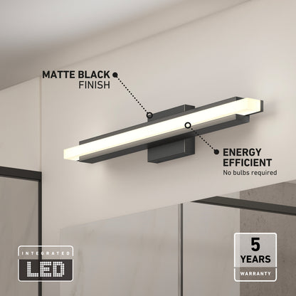 The Artika Ophelia modern LED bathroom vanity light 5 CCT is a sleek matte black fixture mounted above a mirror, featuring energy efficiency, integrated LED technology, and a 5-year warranty.
