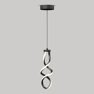 The Artika Mini Swirl LED pendant light features a twisted black and white design, hanging from a round black ceiling mount against a plain gray background.