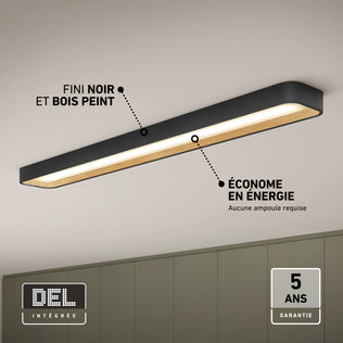 Alton 48 in. x 6 in. (122 x 15 cm) Modern Ceiling Light 5 CCT, a rectangular black and wood-grain LED flush mount with labels.
