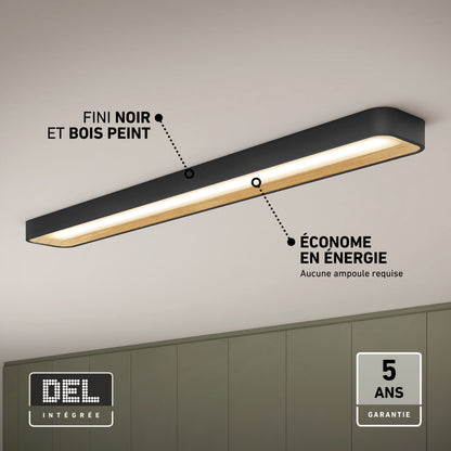 Alton 48 in. x 6 in. (122 x 15 cm) Modern Ceiling Light 5 CCT, a rectangular black and wood-grain LED flush mount with labels.