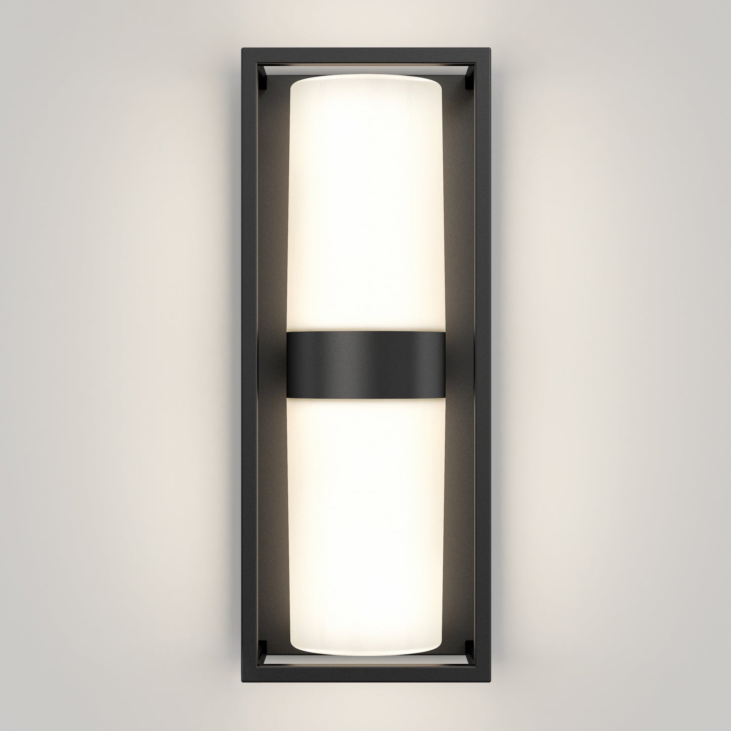 The Sherman modern LED indoor-outdoor wall light 5 CCT by Artika features a rectangular black frame with a central black band and frosted cylindrical diffuser, casting a soft glow on any wall.