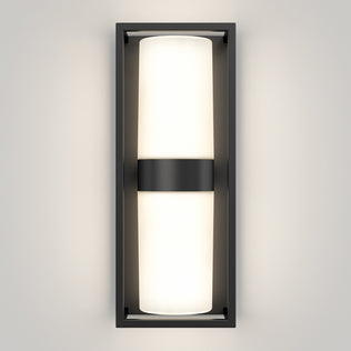The Sherman modern LED indoor-outdoor wall light 5 CCT by Artika features a rectangular black frame with a central black band and frosted cylindrical diffuser, casting a soft glow on any wall.