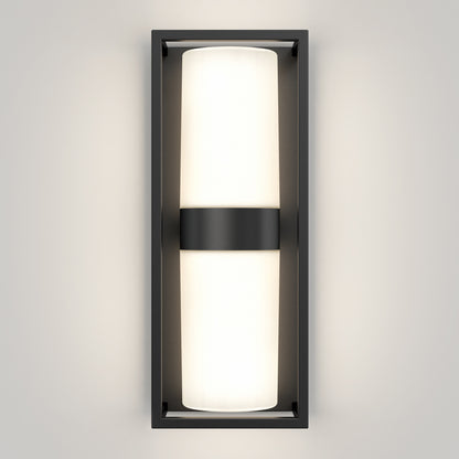 The Sherman modern LED indoor-outdoor wall light 5 CCT by Artika features a rectangular black frame with a central black band and frosted cylindrical diffuser, casting a soft glow on any wall.
