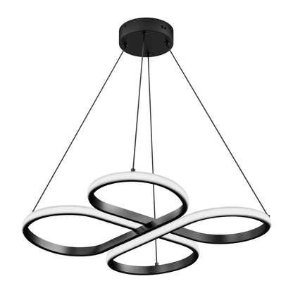 Modern black and white LED chandelier with three interlocking, curved oval loops suspended by four cables from a round ceiling mount.