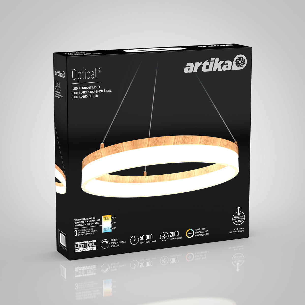 A black box featuring an image of the Artika Optical LED pendant light, which is a circular wooden and white fixture suspended by thin wires. The packaging highlights its longevity, brightness, and included LEDs.