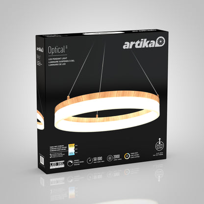 Box of the Artika Optical LED pendant light 3 CCT, showing a circular wood-finish fixture. Features highlighted include energy efficiency, 50,000-hour lifespan, and a 3-year warranty.