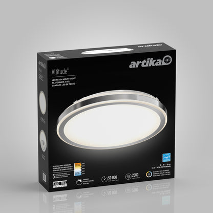 A black retail box for the Artika Altitude 15 in. LED modern flush mount light 5 CCT shows an image of the round ceiling light, with product features and specs highlighted in white and blue text.