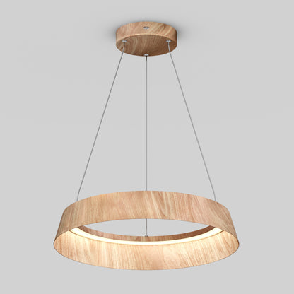 The Artika Tallis LED pendant light 5 CCT features a modern circular wooden ring design, suspended from the ceiling by three slim metal cables, shown here against a plain light gray background.