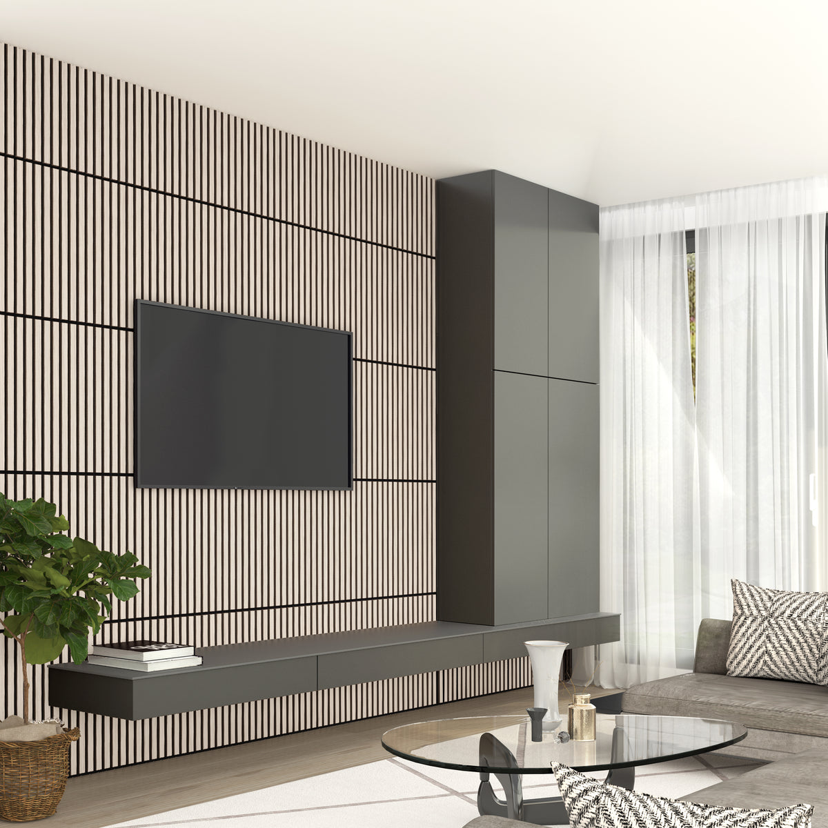 Modern living room featuring an Artika Sonolok 15.5 ft sound-absorbing wall panel kit (4-pack) as a striped accent wall, with a wall-mounted TV, floating shelves, gray sofa, round glass coffee table, tall cabinets, and sheer white curtains.