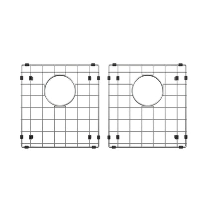 Two square Artika sink grids for the Newport double bowl stainless steel sink, each with a grid pattern and central circular opening, are shown side by side on a white background.