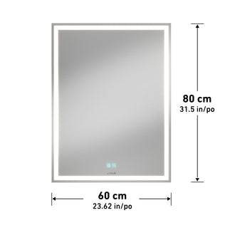 Artika Aurea 24″x31″ (61x79cm) LED bathroom mirror with anti-fog, touch controls, shown with measurement labels.