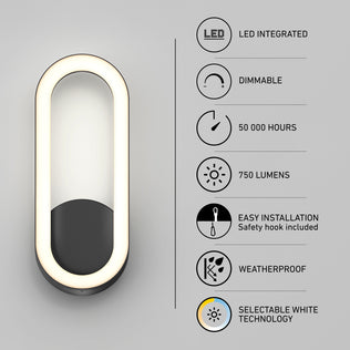 Aiden modern LED indoor-outdoor wall light 5 CCT oval wall light with an infographic of its dimmable, 750-lumen, 50,000-hour, and color-temp features.