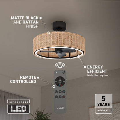 Artika Kalani 24″ LED fandelier ceiling fan, matte black, rattan, remote control, energy efficient, 5-year warranty.