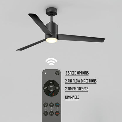 The Artika Ellison 52 in. LED modern ceiling fan features a sleek black design, three blades, and built-in dimmable light. The included remote offers 3 speeds, reversible airflow, 2 timer presets, and light control.