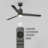 A modern black ceiling fan with three blades and a central light, shown above a remote control featuring speed, airflow, timer, and dimming options. Text highlights 3 speed options, 2 airflow directions, timer presets, and dimmable light.