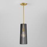 A modern pendant light with a gold rod and ceiling mount, featuring a cylindrical black metal cage shade and an exposed light bulb inside, set against a plain light gray background.