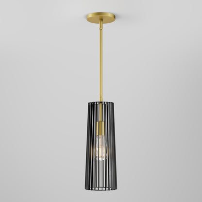 The Artika Gatsby Mini modern mid-century pendant light features a gold rod and canopy with a black vertical slat cage around the bulb, set against a plain light gray background.