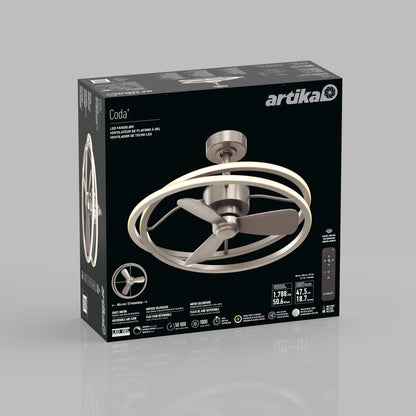 The box for the Artika Coda 23 in. LED modern ceiling fan – with remote is shown. The black packaging has silver accents and displays an image of the circular fan, LED light kit, specs, and a remote control.