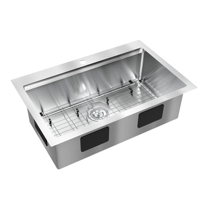 The Artika Newport single bowl 31 in. stainless steel workstation sink features a rectangular design, center drain, bottom metal grid, and a pre-drilled faucet hole at the back.