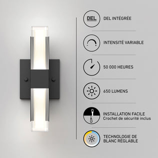 Artika Gemini indoor-outdoor LED wall light: a rectangular sconce with 650 lumens, tunable white dimming, and a 50,000-hour lifespan.