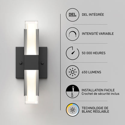 Artika Gemini indoor-outdoor LED wall light: a rectangular sconce with 650 lumens, tunable white dimming, and a 50,000-hour lifespan.