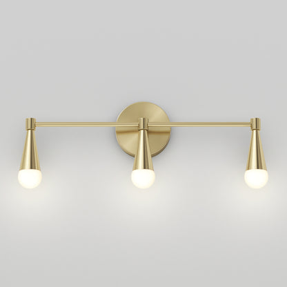 The Artika Wayden LED mid-century bathroom vanity light features three cone-shaped brass arms with round white bulbs, wall-mounted against a plain light gray background.