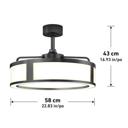 The Artika Huxley 23 in. LED modern ceiling fan features a round black metal frame, white shade, and 3 speeds. Dimensions: 58 cm (22.83 in) wide, 43 cm (16.93 in) tall; shown with arrows and measurements.