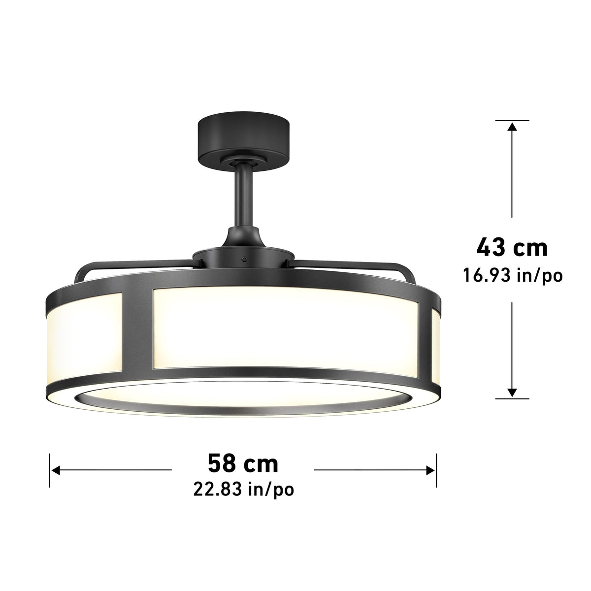 Modern black and white semi-flush mount ceiling light with circular design, illuminated sides, and labeled dimensions: 43 cm (16.93 in) in height and 58 cm (22.83 in) in diameter.