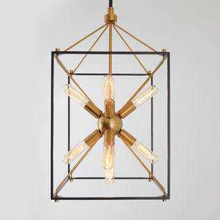 Artika Clyde 9-light pendant features black metal, gold accents, X-shape, and exposed bulbs for stylish, energy-efficient lighting.