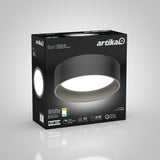A black box labeled Artika Alton displays a round, modern LED ceiling light with specs: 900 lumens, 50,000 hours lifespan, 15W, 3 color options, and a 3-year warranty. The box shows an image of the light fixture.