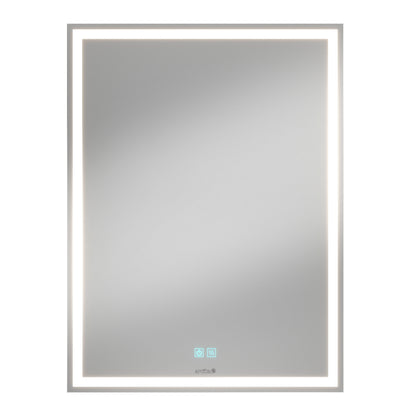 The Artika Aurea anti-fog LED wall mirror features built-in LED lighting around the edges and two touch controls at the bottom center of its rectangular surface.