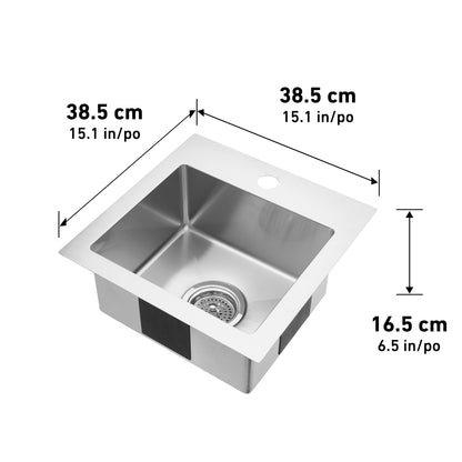 The Artika Plaza Bar Single Bowl Sink is a square stainless steel sink with visible drain, measuring 38.5 cm x 38.5 cm x 16.5 cm, and features black soundproof pads on the exterior sides.