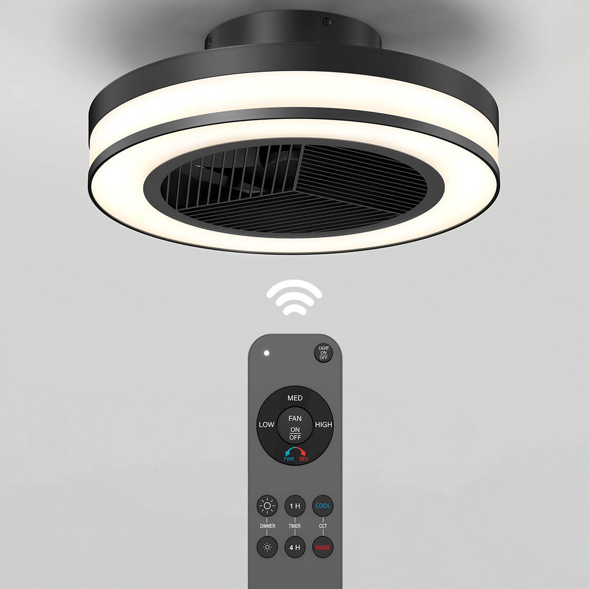 The Artika Elton 19.4 in. LED modern ceiling fan, shown from below, features 3 speeds and comes with a remote control for easy wireless operation.