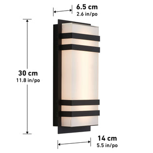The Artika Glowbox 3 indoor-outdoor LED wall light is a rectangular fixture with black horizontal stripes, measuring 30 cm tall, 14 cm wide, and 6.5 cm deep. Dimensions are displayed around the sconce.