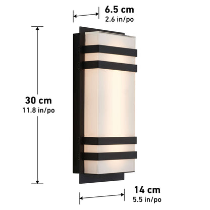 The Artika Glowbox 3 indoor-outdoor LED wall light is a rectangular fixture with black horizontal stripes, measuring 30 cm tall, 14 cm wide, and 6.5 cm deep. Dimensions are displayed around the sconce.