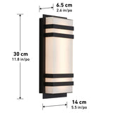 Rectangular wall sconce with frosted glass and black metal bands. Dimensions: 30 cm tall, 14 cm wide, 6.5 cm deep, with measurements labeled in both centimeters and inches.