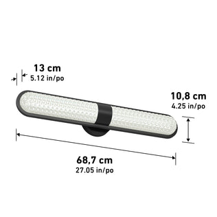 Artika Carat LED vanity light, 3 CCT, rectangular wall sconce, black center mount; sizes listed in cm/inches.