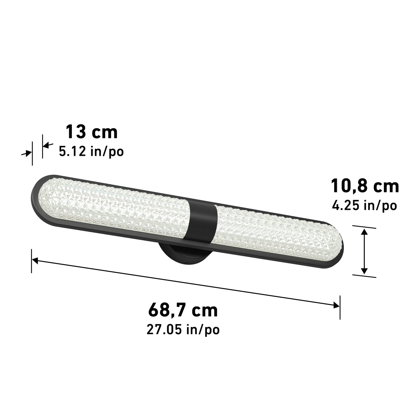 The Artika Carat LED contemporary bathroom vanity light features a black and white cylindrical design with rounded ends and measures 68.7 cm (27 in) wide, 13 cm (5.1 in) deep, and 10.8 cm (4.3 in) high; dimensions shown with arrows.