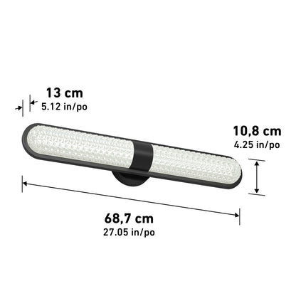 The Artika Carat LED contemporary bathroom vanity light features a black and white cylindrical design with rounded ends and measures 68.7 cm (27 in) wide, 13 cm (5.1 in) deep, and 10.8 cm (4.3 in) high; dimensions shown with arrows.