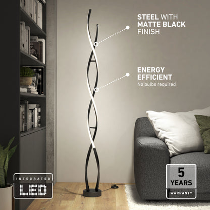 The Artika Swirl modern LED floor lamp adds style and function by your couch; features and warranty info are provided in text.