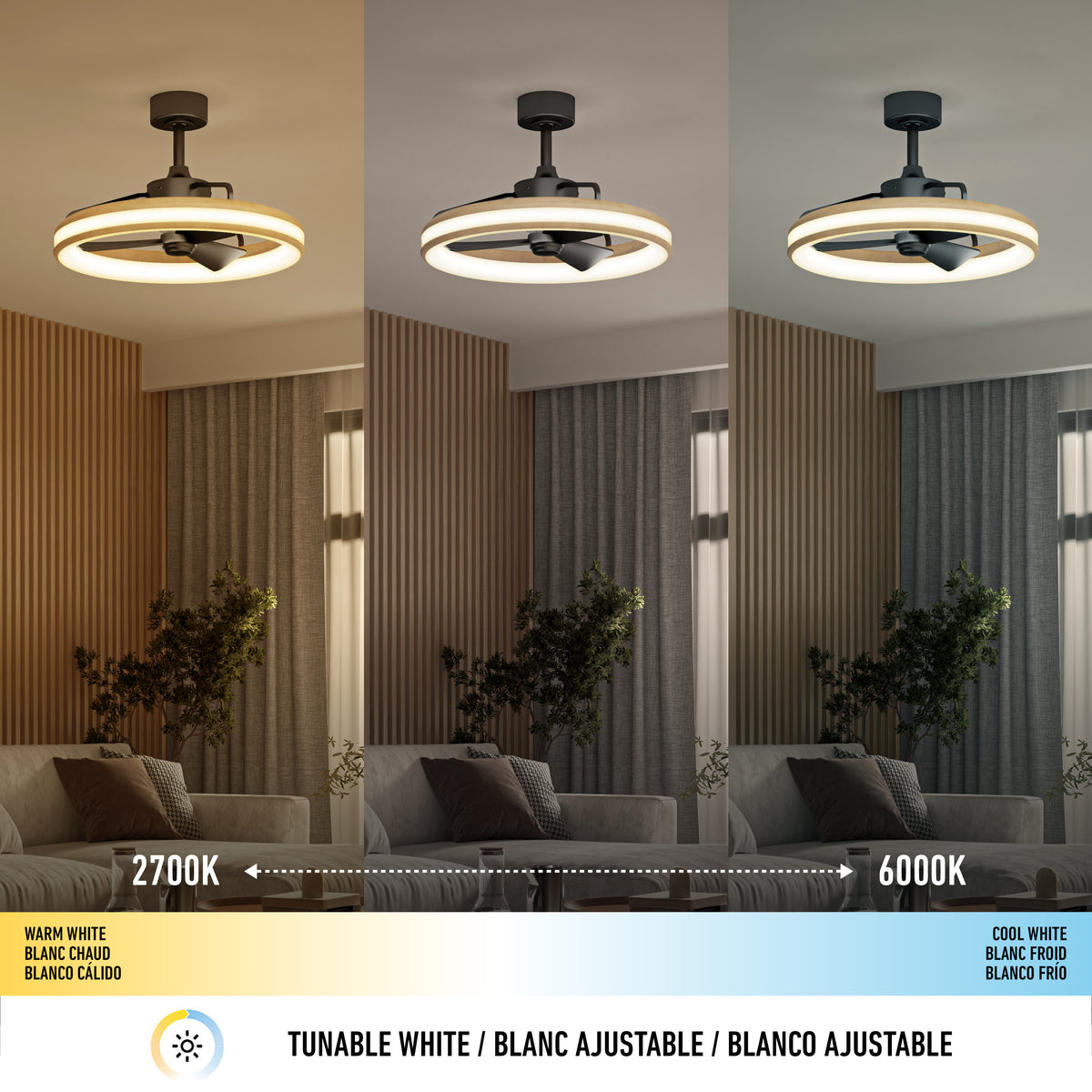 A ceiling fan with an integrated light is shown in three panels, each displaying different color temperatures: warm white (2700K), neutral, and cool white (6000K), highlighting the tunable white lighting feature.