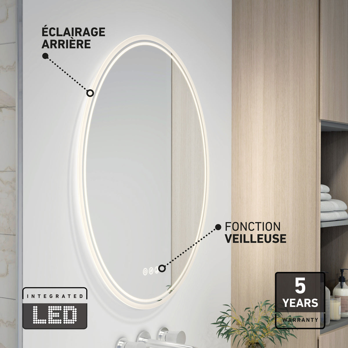 Artika Corby 22″x28″ LED mirror, 3 CCT, defogger, backlit & nightlight. Modern style. 5-year warranty in corner.