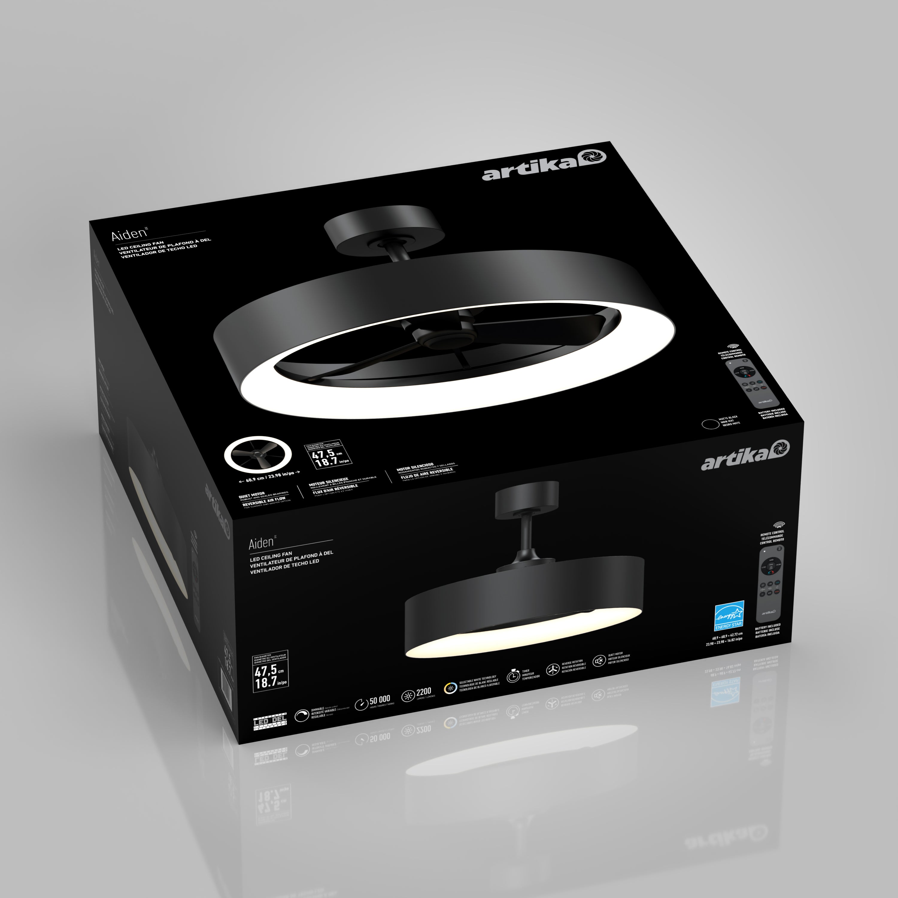 Aiden 24 in. LED ceiling fan 3 speeds - in Matte Black | Artika