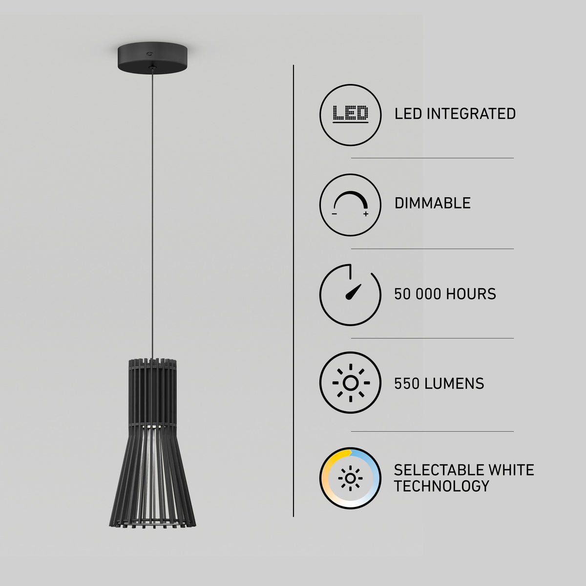 The Artika Kiyo modern LED pendant has 3 CCTs, is dimmable, 550 lumens, and lasts 50,000 hours.