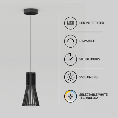 The Artika Kiyo modern LED pendant has 3 CCTs, is dimmable, 550 lumens, and lasts 50,000 hours.