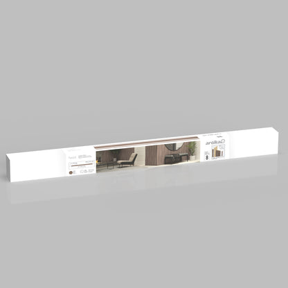 A long, rectangular white box displays an image of a modern living room setup. The left side features the brand Artika and product details for the Panolok 30.67 ft wall panel kit (pack of 8).