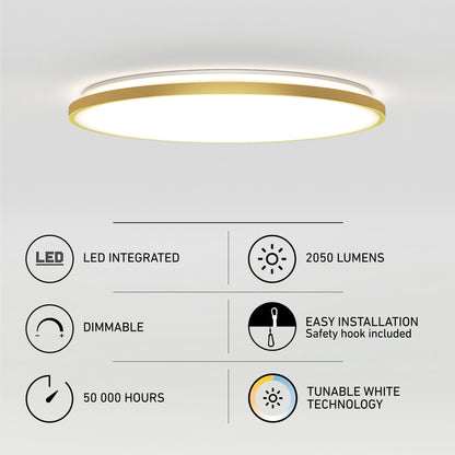 A round, gold-edged ceiling LED light is shown above icons highlighting its features: LED integrated, 2050 lumens, dimmable, easy installation, 50,000-hour life, and tunable white technology.