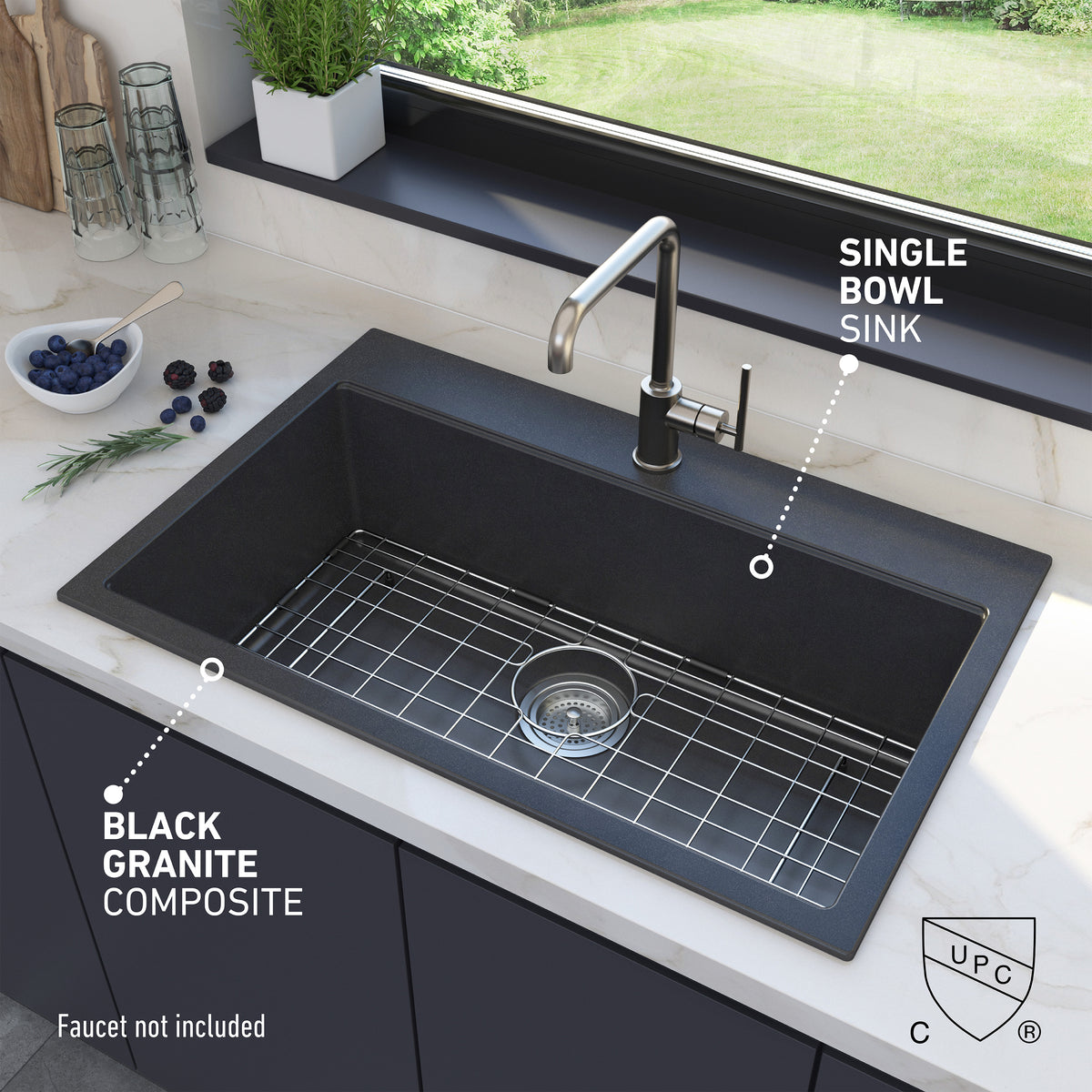 The Artika Baycrest 31 in. Modern Sink in black granite composite sits by the window. Faucet not included.